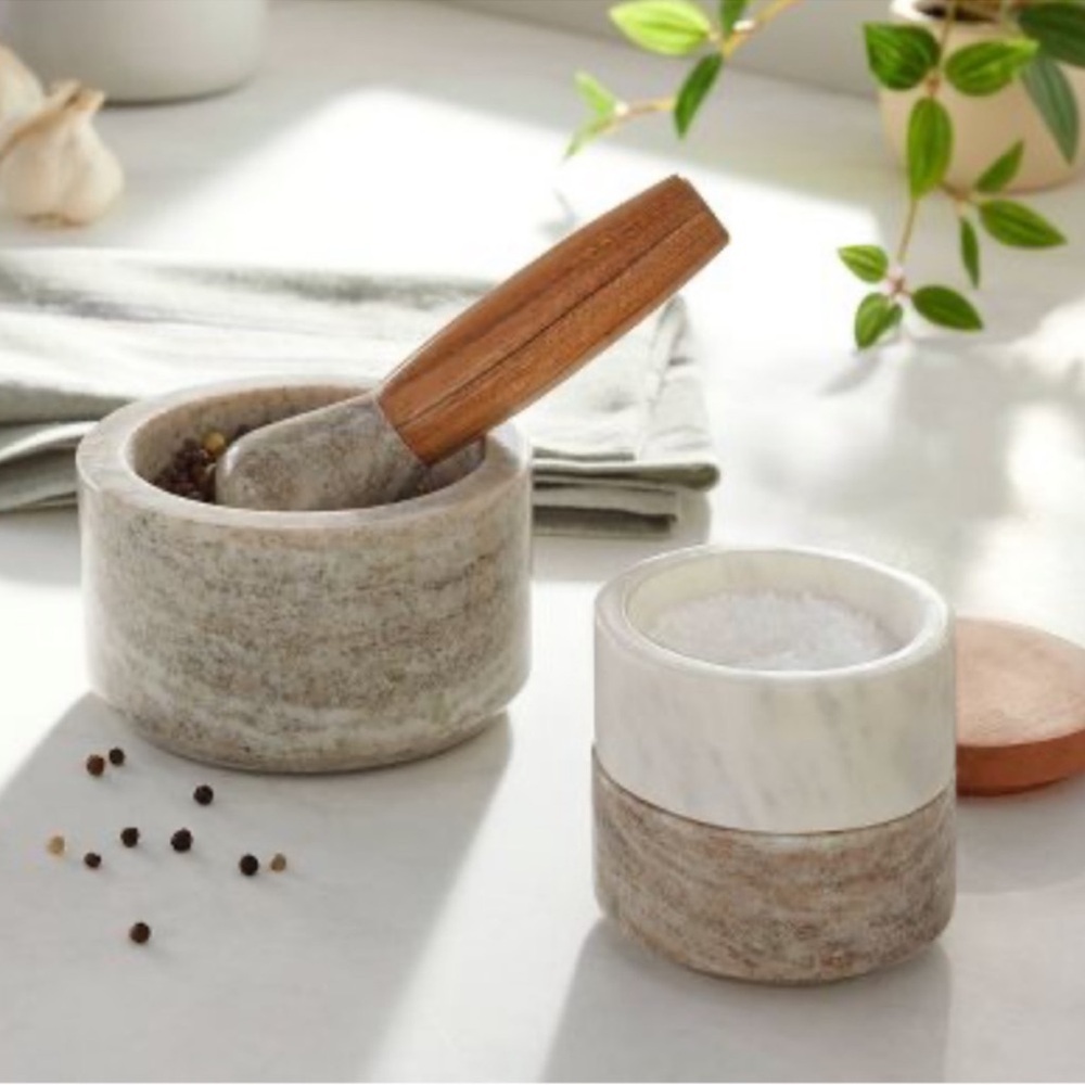 Hearth & Hand Wood & Marble Mortar and Pestle Set Warm Gray Beige NEW